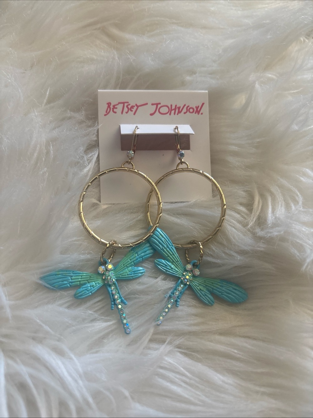 Betsey Johnson Gold Hoop Turquoise Dragonfly Dangle Earrings